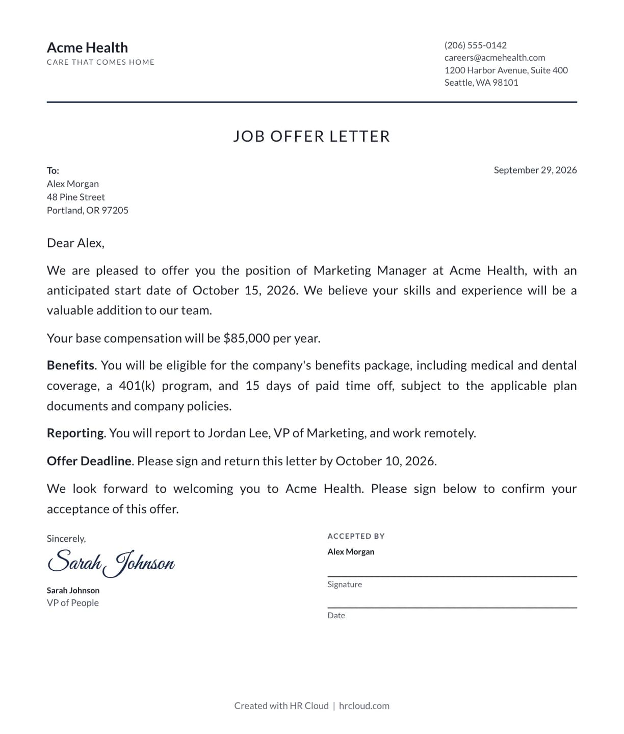 Sample offer letter with company letterhead, compensation details and a signature