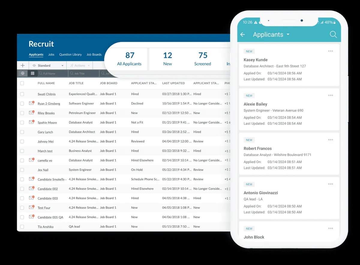HR Cloud Recruit applicant dashboard and mobile candidate list
