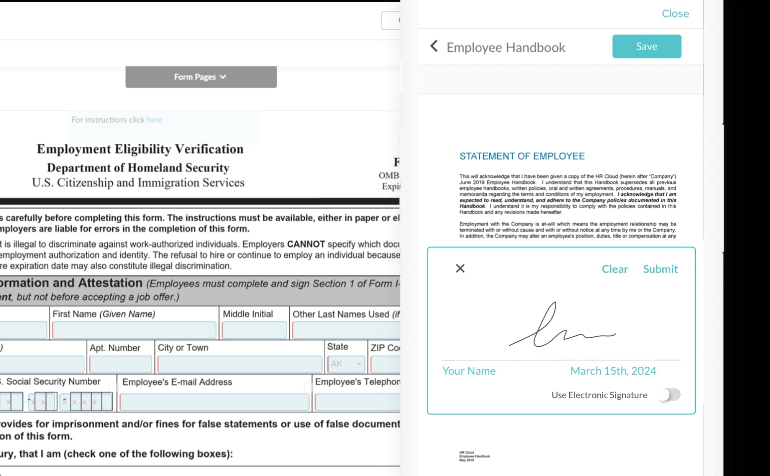 HR Cloud Onboard form builder next to an employee handbook e-signature