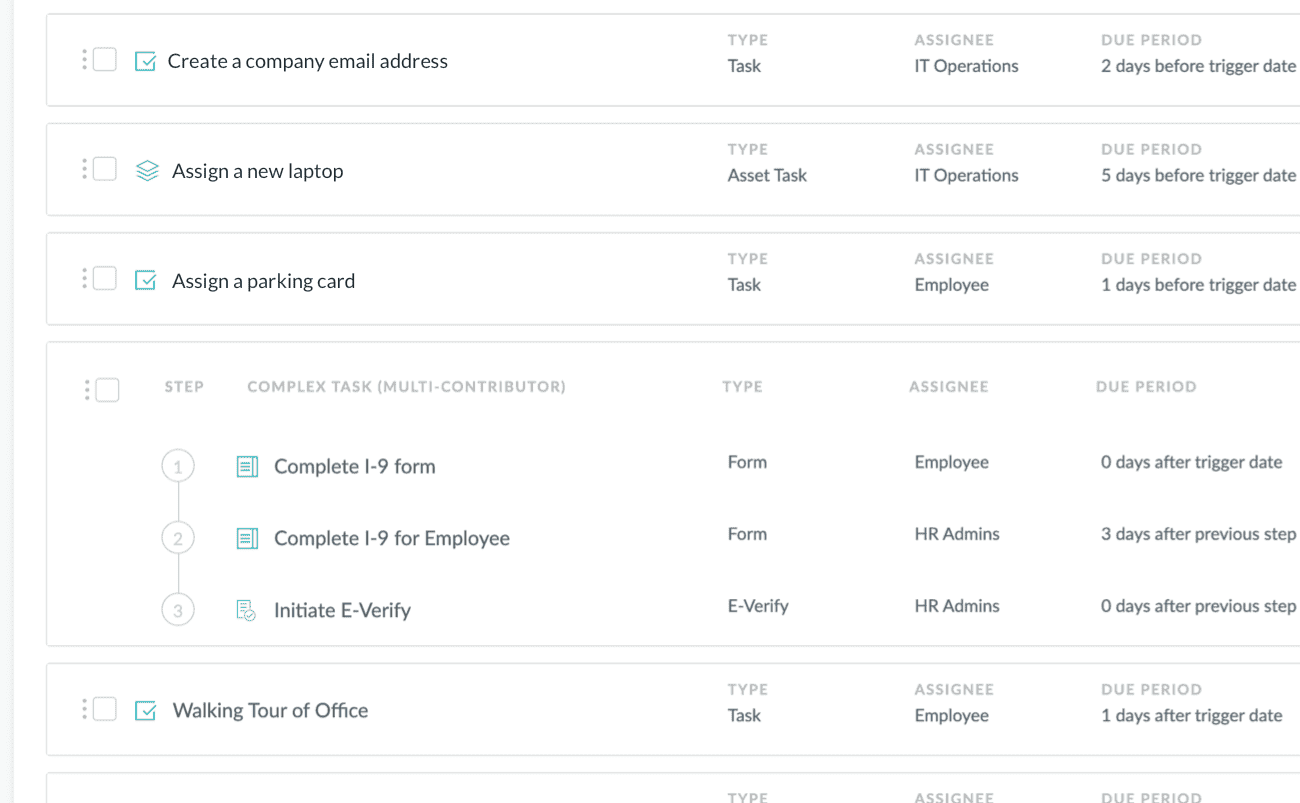 HR Cloud onboarding checklist with tasks, assignees and due periods