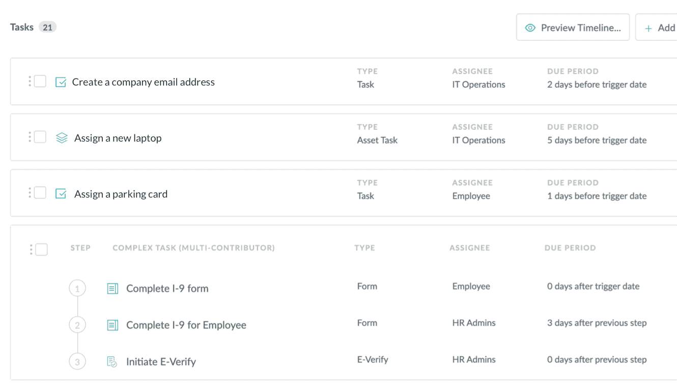 HR Cloud Onboard New Hire Checklist with tasks, assignees and due periods