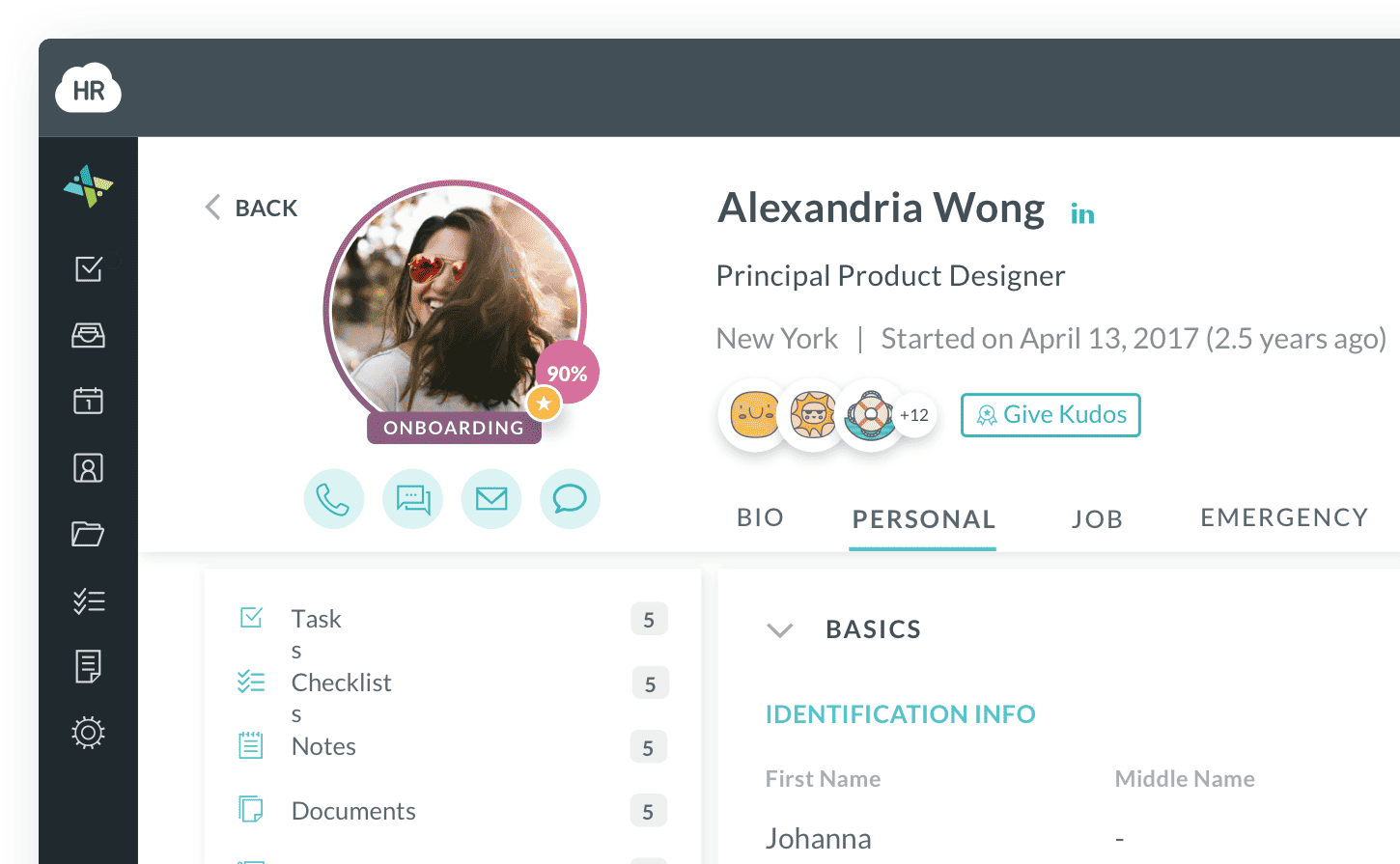 HR Cloud employee profile with personal details, documents and manager