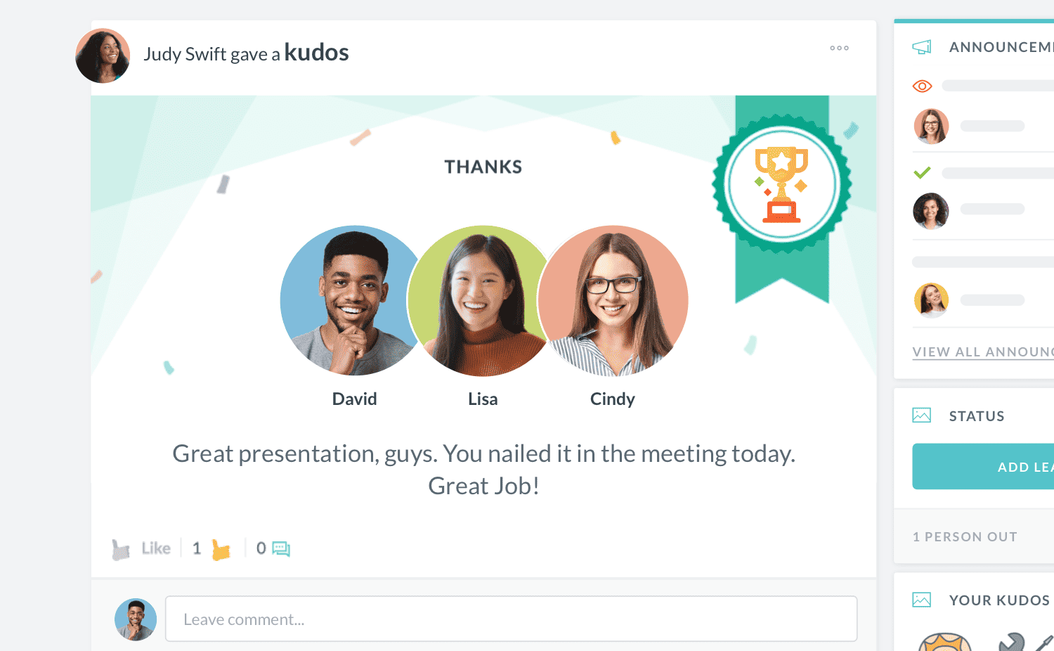 HR Cloud Workmates employee recognition interface