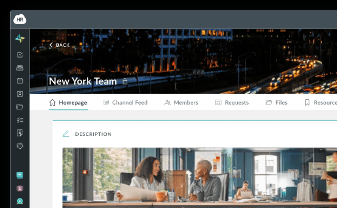 HR Cloud team homepage with channel feed, members and files
