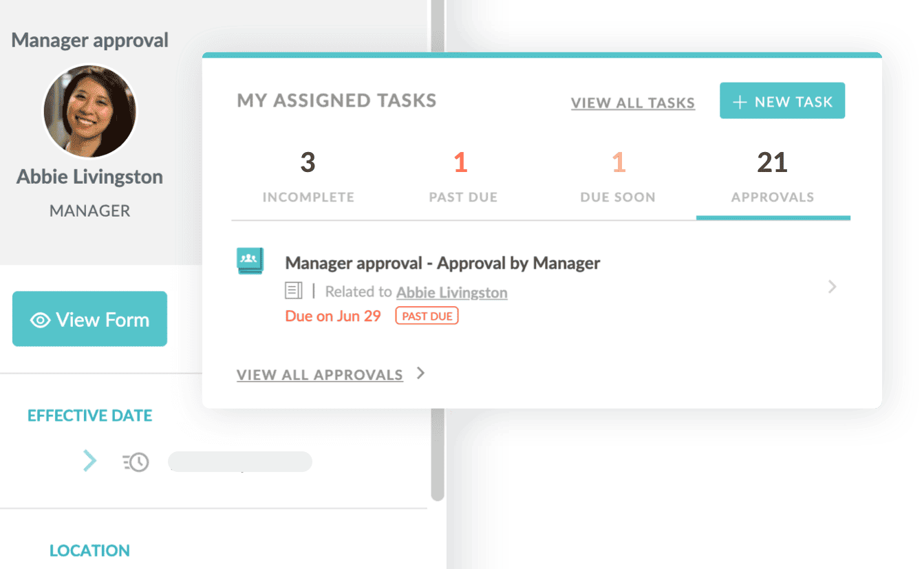 HR Cloud manager approval request next to the assigned-tasks panel