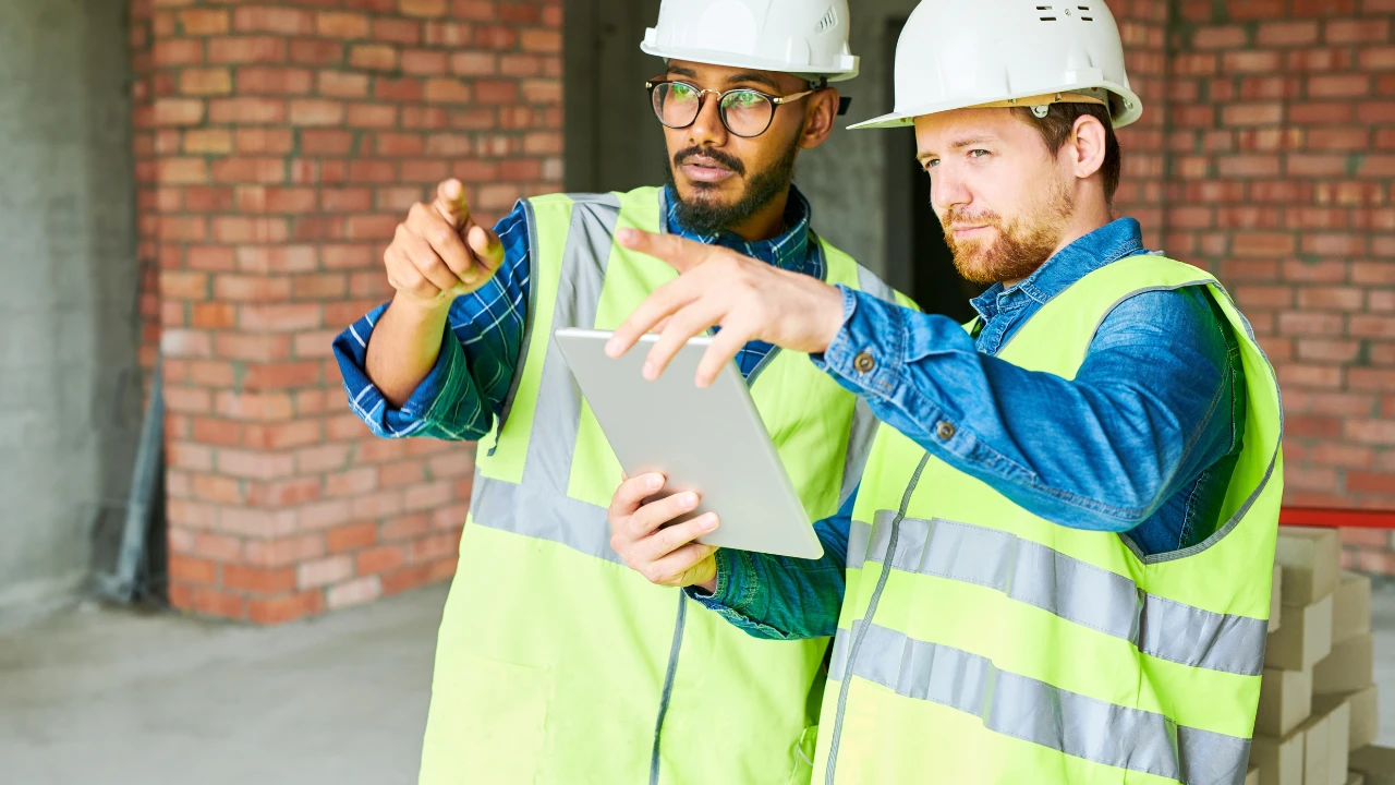 Two construction supervisors in hard hats and high-visibility vests reviewing onboarding tasks on a tablet at a job site