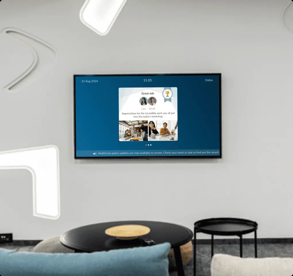 TV in office with kudos post announcement