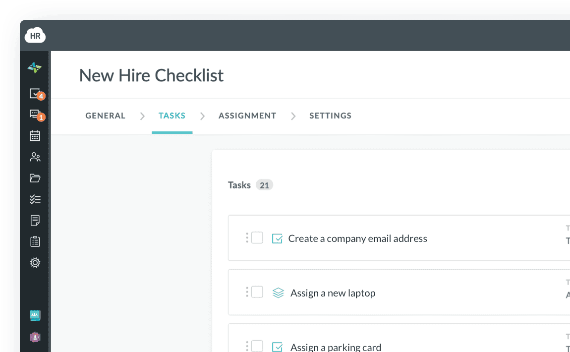 HR Cloud Onboard New Hire Checklist with tasks, assignees and due dates