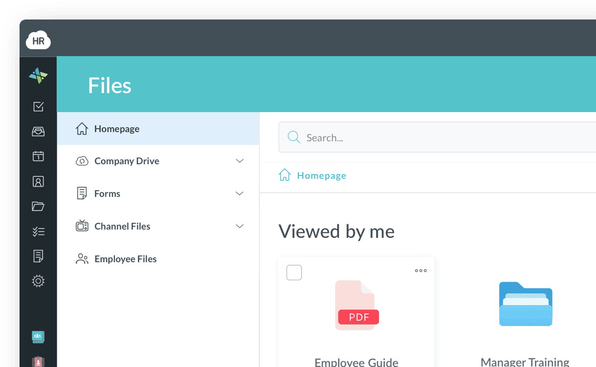 HR Cloud Files area showing uploaded documents and forms