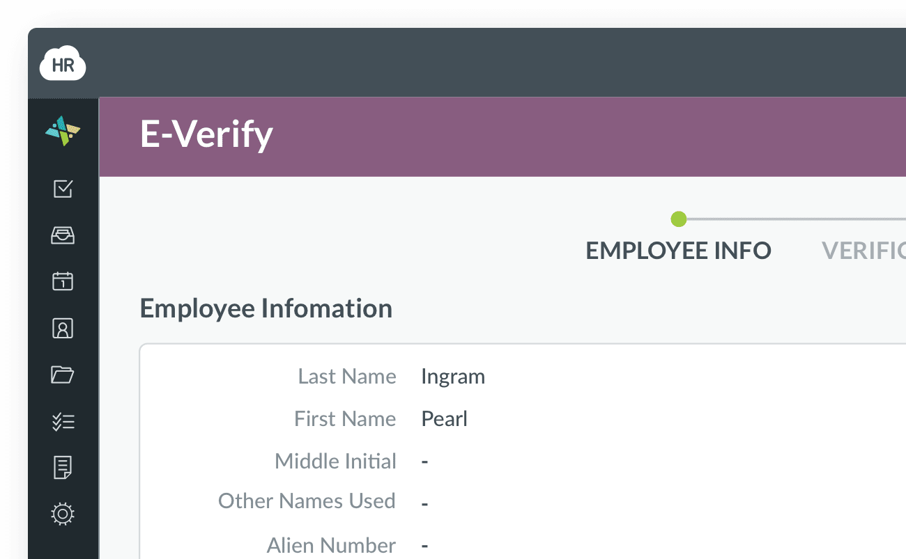 HR Cloud E-Verify case showing the employee's information