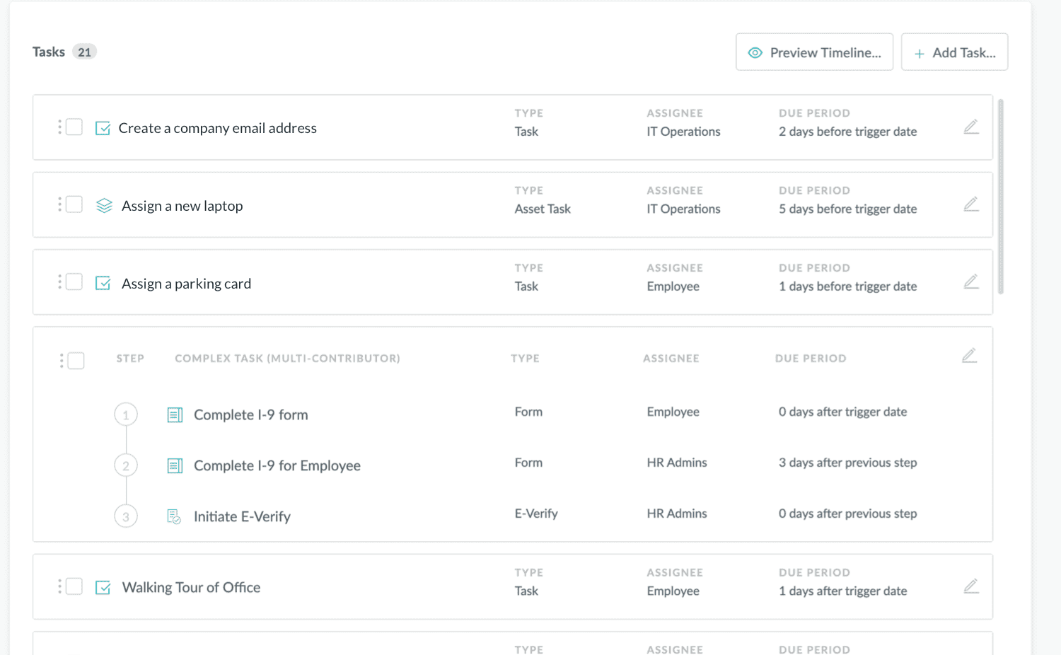 HR Cloud Onboard New Hire Checklist with tasks, assignees and due periods