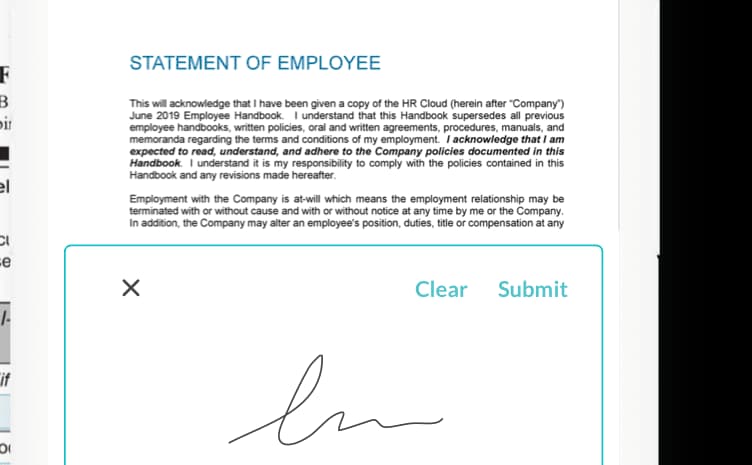 HR Cloud employee handbook signed on a phone with an e-signature
