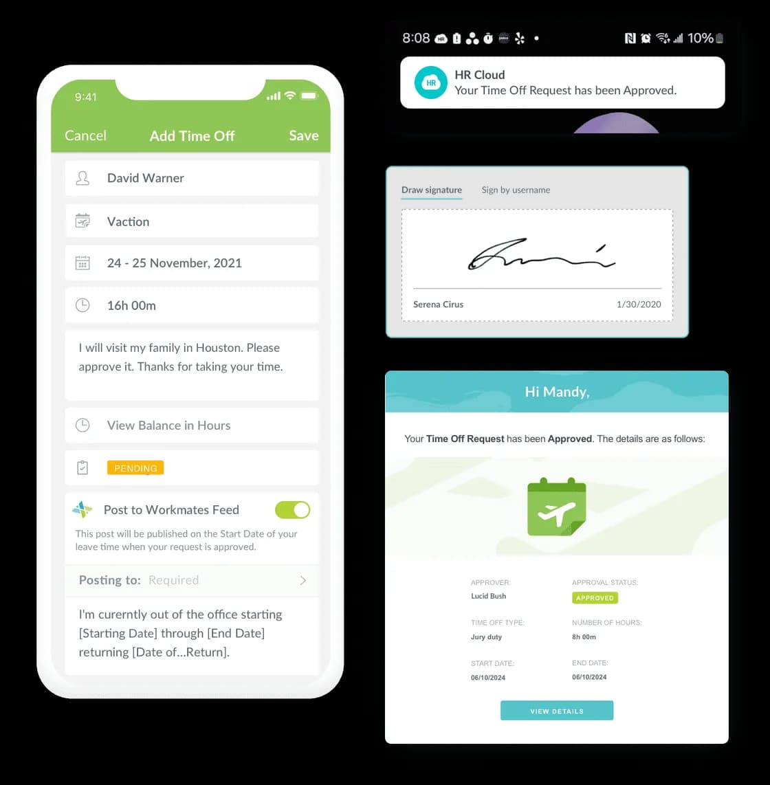 HR Cloud's Time Off app screens