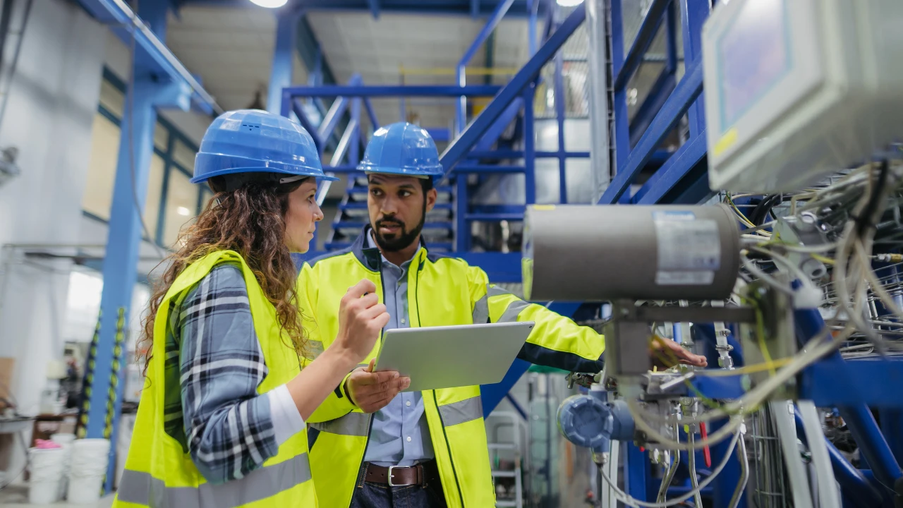 A plant supervisor and an operator in blue hard hats and high-visibility jackets reviewing a tablet beside industrial equipment