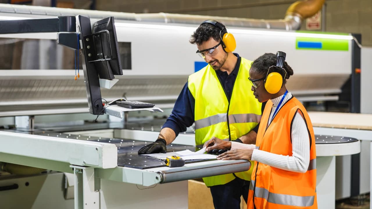 A supervisor and a new hire in ear protection reviewing plans at a production machine