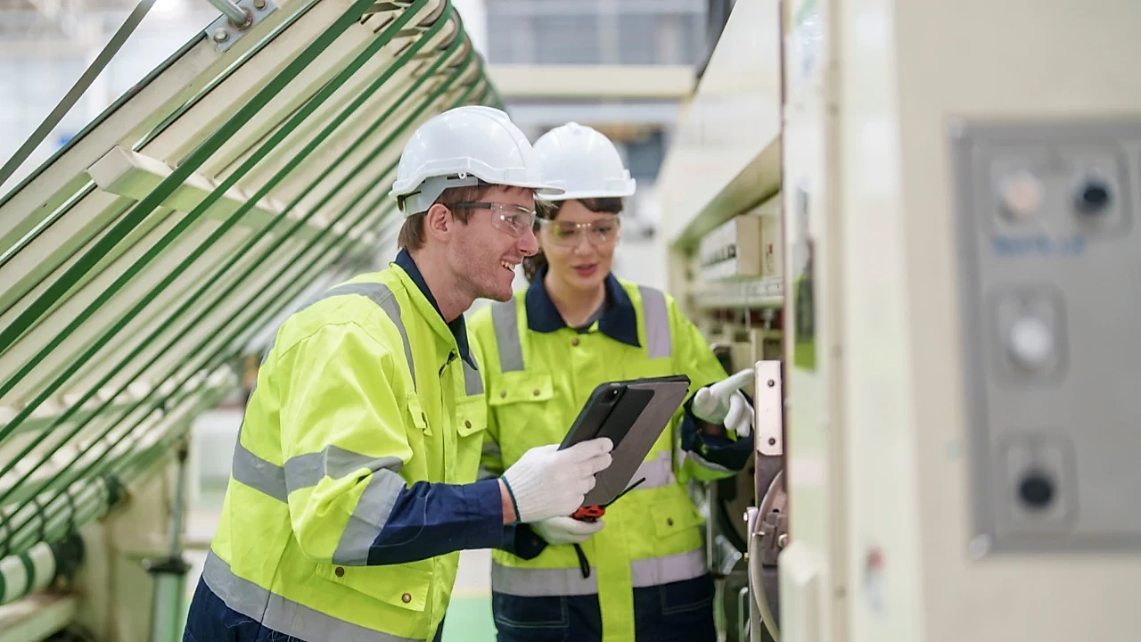 Two plant workers in high-visibility jackets and gloves checking a tablet at a machine
