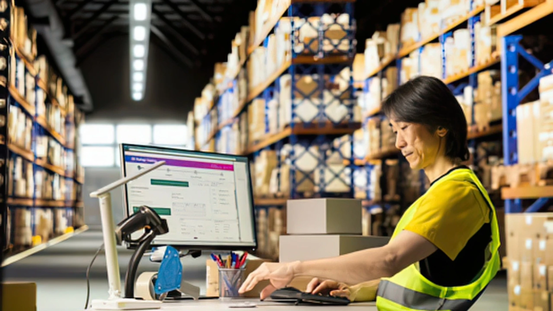 A distribution-center employee in a safety vest working at a computer between racks