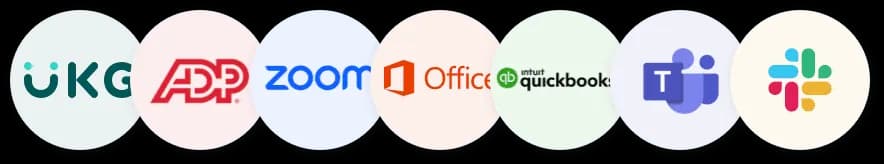 Integrations: UKG, ADP, Zoom, Office, QuickBooks, Teams, Slack