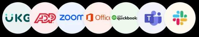 Integrations: UKG, ADP, Zoom, Office, QuickBooks, Teams, Slack