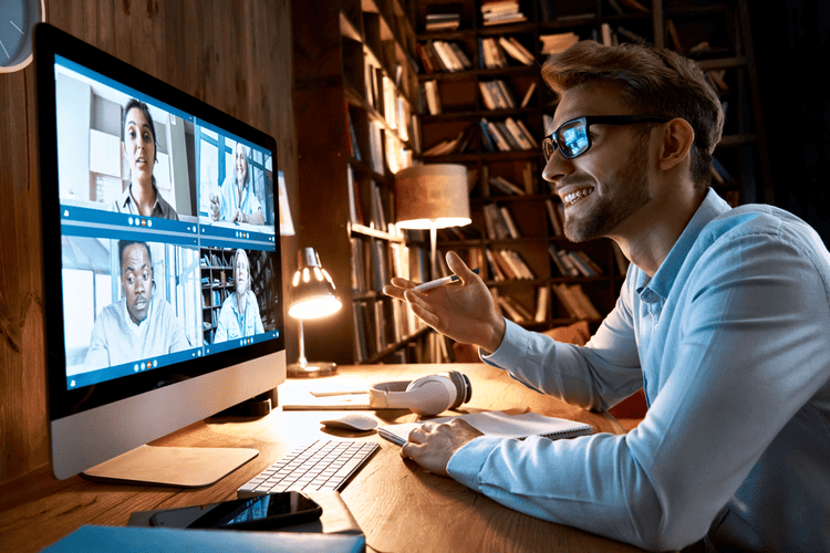 employee in a group call meeting
