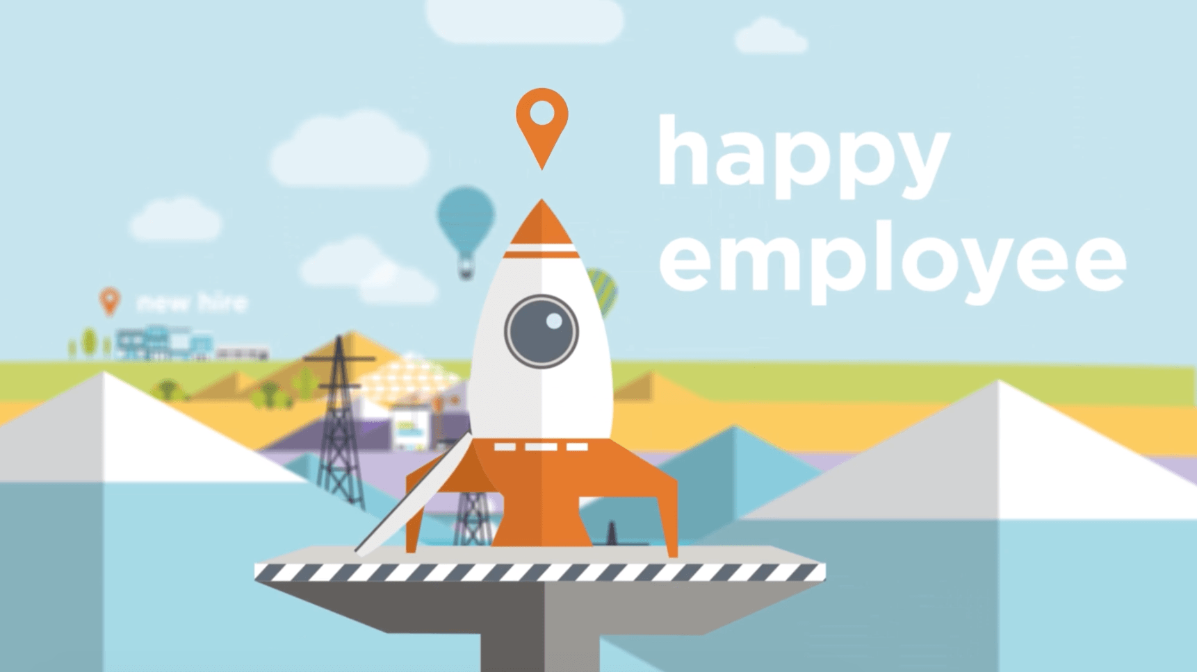 Rocket with text happy employee