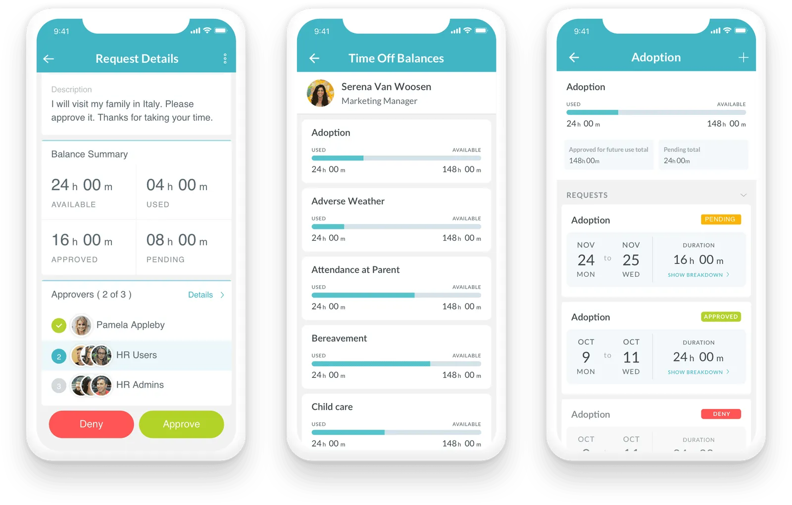 Employee time off request and manager approval screen